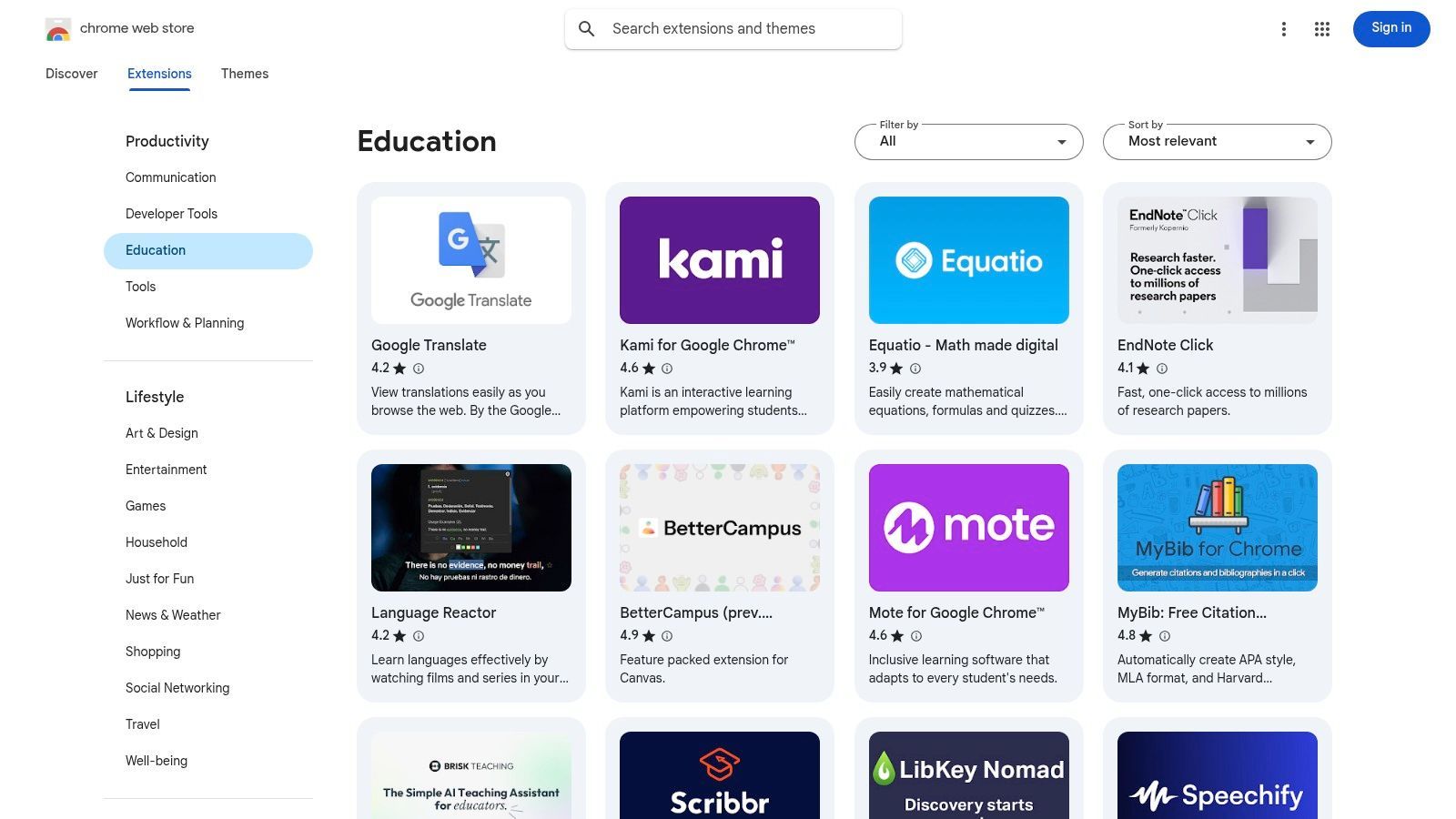 Chrome Web Store – Education Extensions Category
