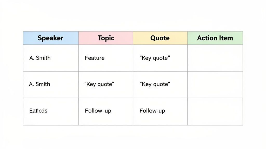 A table showing meeting notes with columns for Speaker, Topic, Quote, and Action Item.