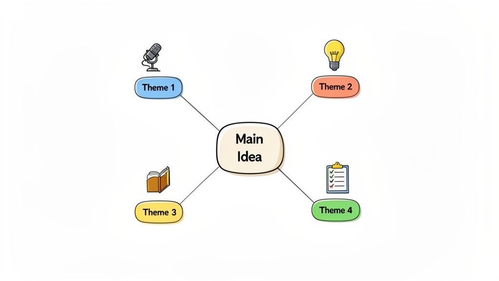 A colorful mind map illustrating a main idea connected to four different themes with icons.