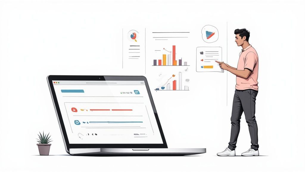 Professional man presenting business data analytics and charts during executive communication training session