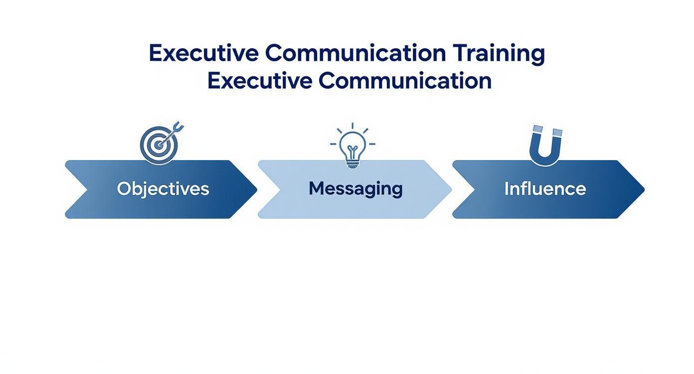 Executive communication training framework showing three connected stages: objectives, messaging, and influence with icons