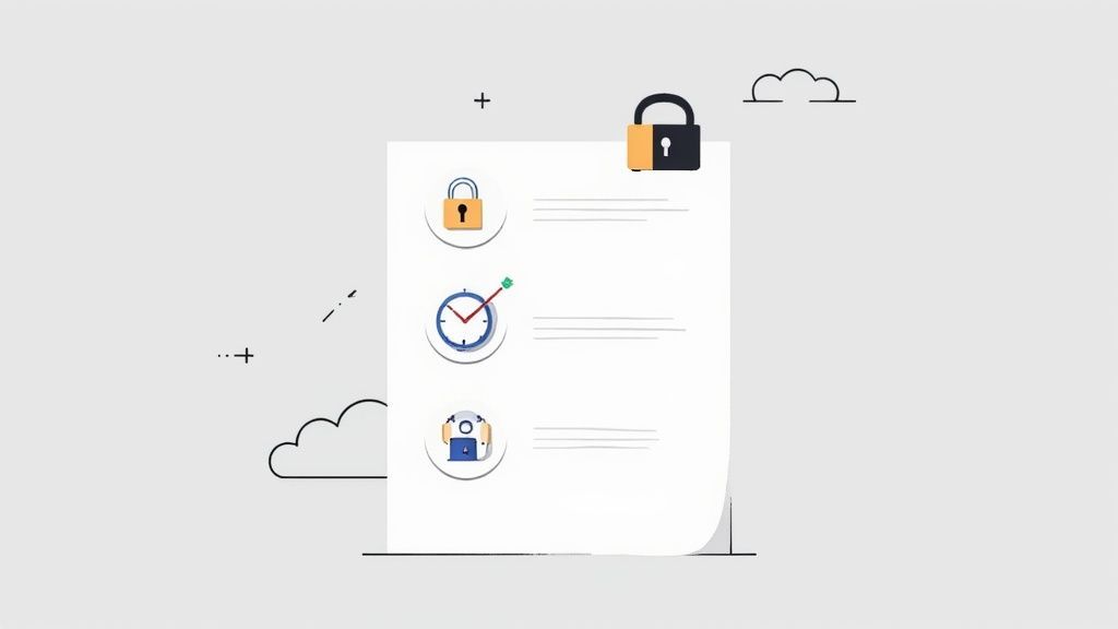 A secure server room with digital lock icons overlaid, symbolizing data protection and secure transcription services.