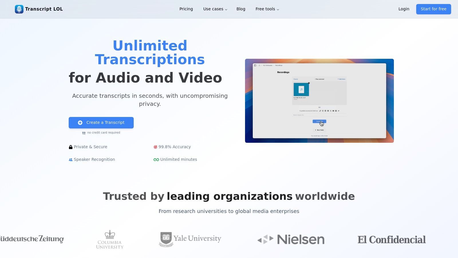 An interface showing an audio file being transcribed with speaker labels and timestamps on Transcript.LOL