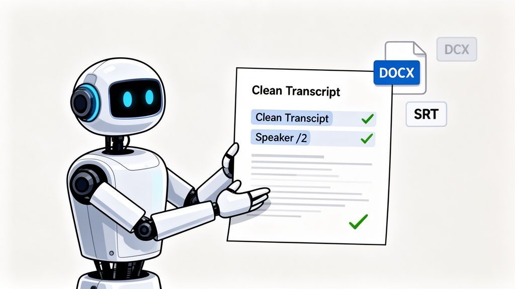 A friendly white robot holds a 'Clean Transcript' document, offering it in DOCX and SRT formats.