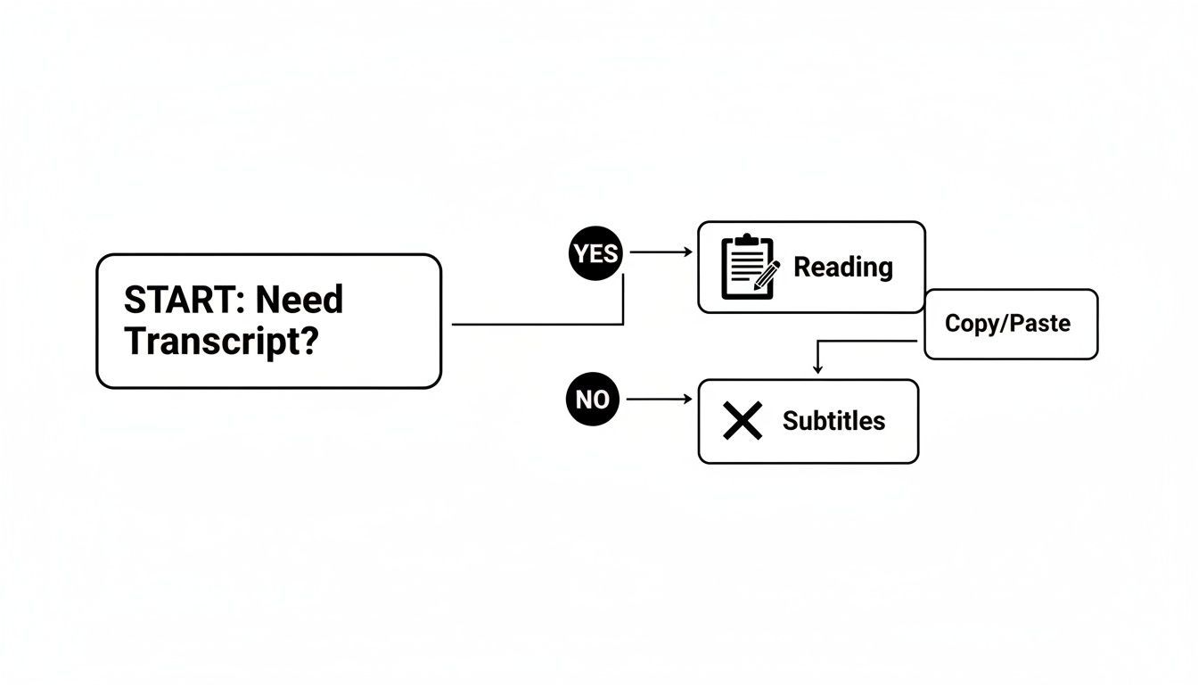 Flowchart illustrating the process of needing a transcript, leading to reading, copying/pasting, or using subtitles.