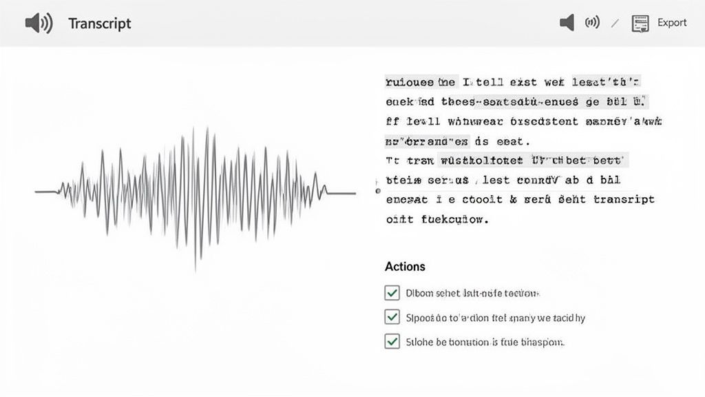 Una interfaz digital muestra una forma de onda de audio, una transcripción de texto distorsionada y casillas de verificación de acciones.