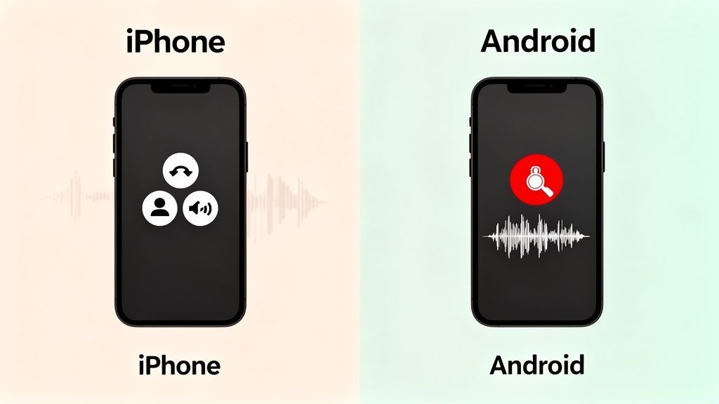 Un iPhone mostrando opciones de llamada y un teléfono Android mostrando un indicador de grabación de llamadas.