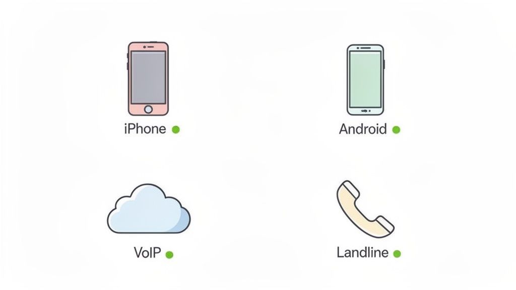 Iconos que ilustran diferentes tipos de llamadas telefónicas: iPhone, Android, VoIP y línea fija, cada uno con un punto verde.