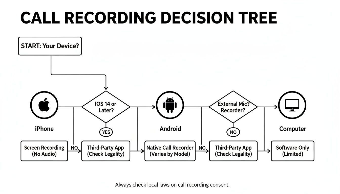 Diagrama de flujo que ilustra opciones y pasos para grabar llamadas en iPhone, Android y computadora.