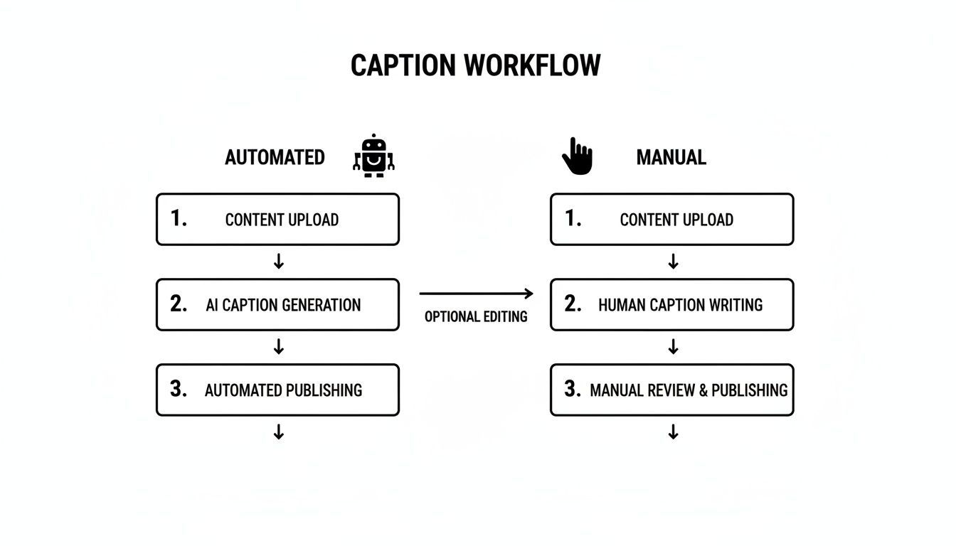 Workflow diagram comparing automated AI caption generation and manual human caption writing processes, including an optional editing step.