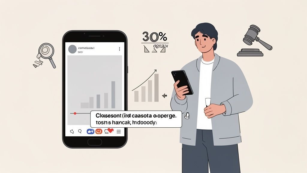 A man with a smartphone, observing growth data and captions on a large phone screen.