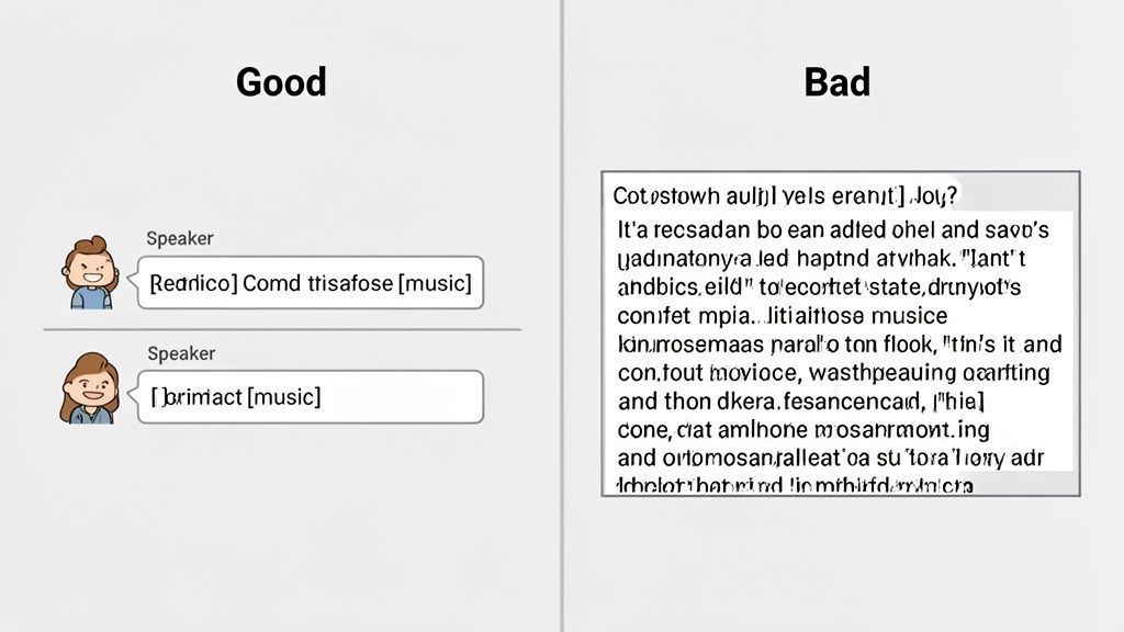 A split image showing good, readable closed captions versus bad, garbled text, illustrating proper captioning.