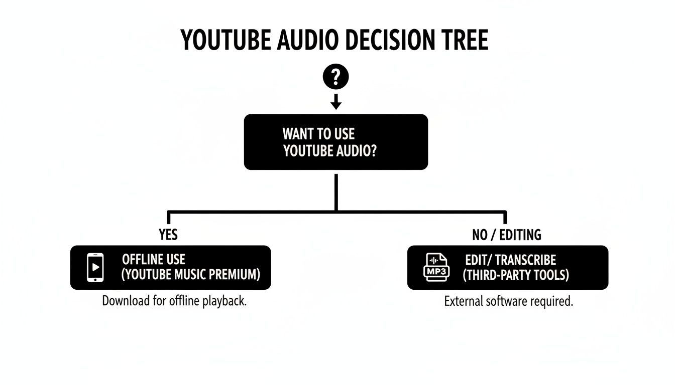 Albero decisionale che spiega come utilizzare l'audio di YouTube, sia offline con Premium che modificato con strumenti di terze parti.