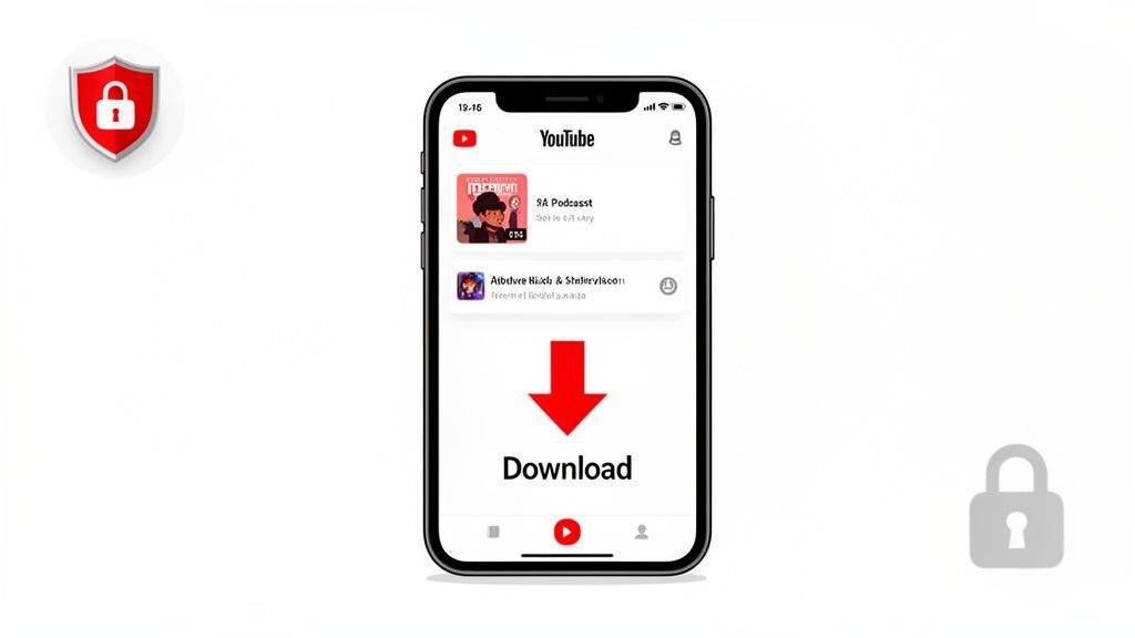 Un iPhone che mostra l'app di YouTube con un pulsante di download prominente e icone di sicurezza, illustrando la funzionalità di download audio.