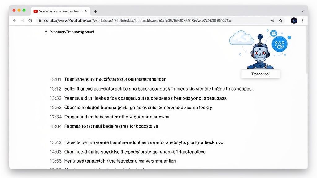 Pagina di YouTube in un browser web che mostra un'icona di robot, un pulsante "Trascrivi", timestamp e testo confuso.