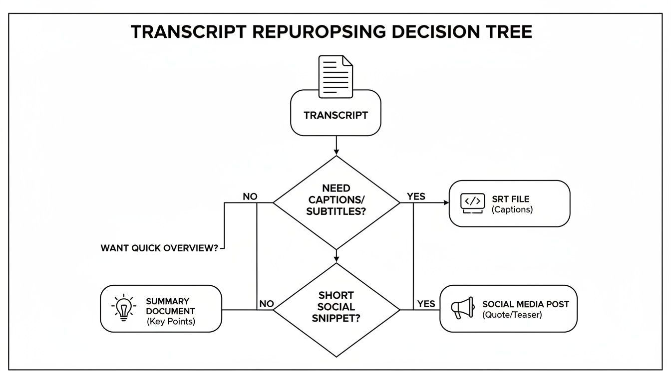 Diagramme de flux illustrant un arbre de décision de réutilisation de transcription pour les légendes, les résumés et les publications sur les réseaux sociaux.