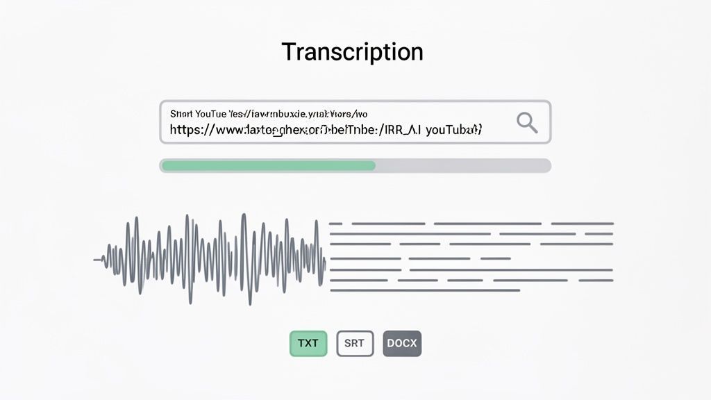 Image montrant un lien vidéo YouTube en cours de traitement pour la transcription aux formats TXT, SRT ou DOCX.