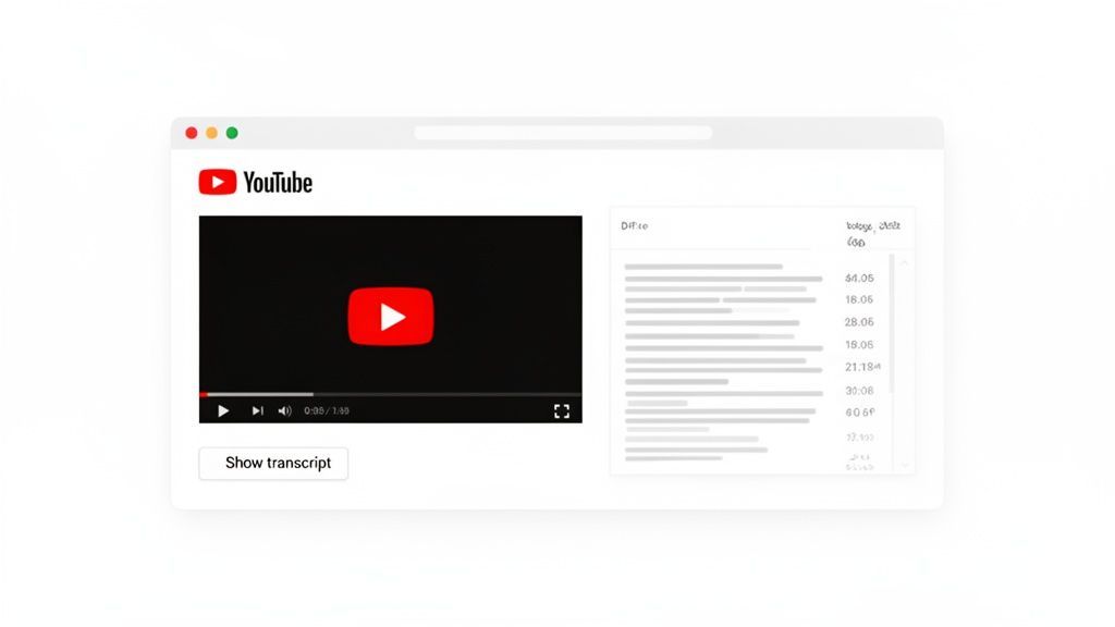 Une fenêtre de navigateur montrant un lecteur vidéo YouTube avec un bouton "Afficher la transcription" et un panneau de transcription.