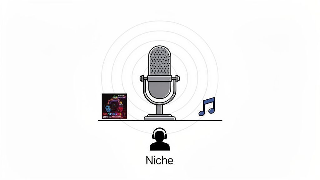 Illustration of a podcast microphone, music note, album, and a person with headphones, representing niche podcasting.