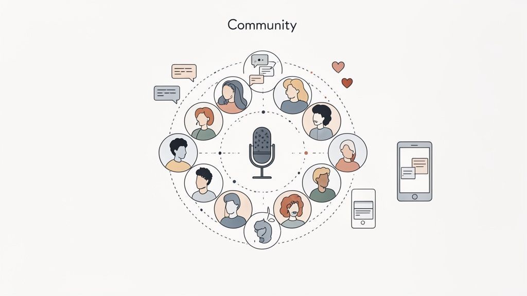 Illustration of a podcast community with diverse users interacting around a microphone and on mobile devices.