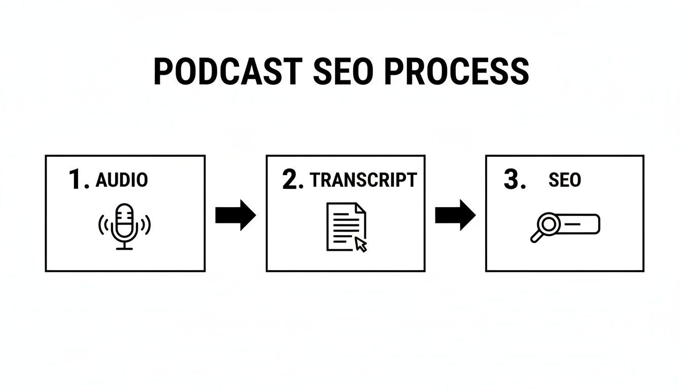 A three-step diagram illustrates the podcast SEO process, flowing from audio to transcript to SEO optimization.