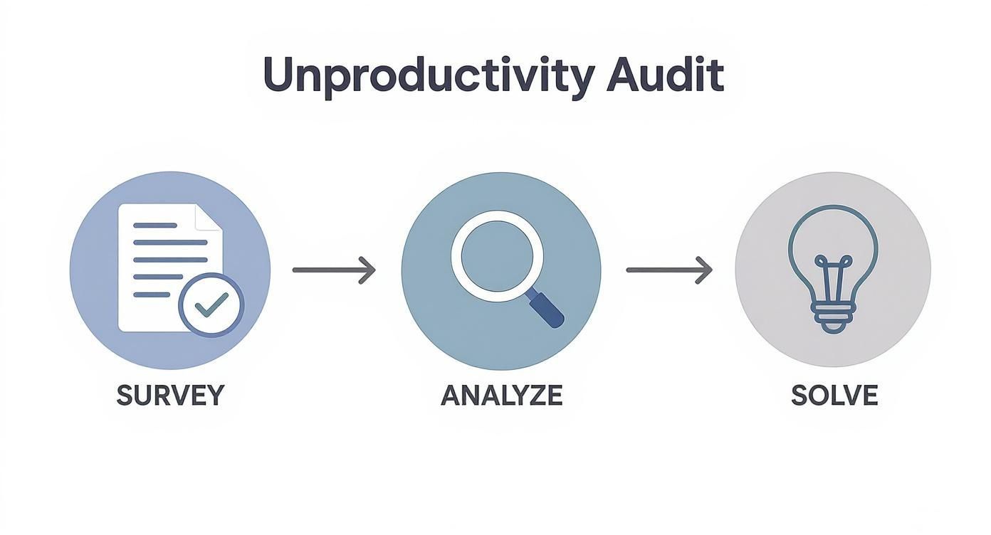 A three-step diagram outlining an unproductivity audit process: Survey, Analyze, and Solve.