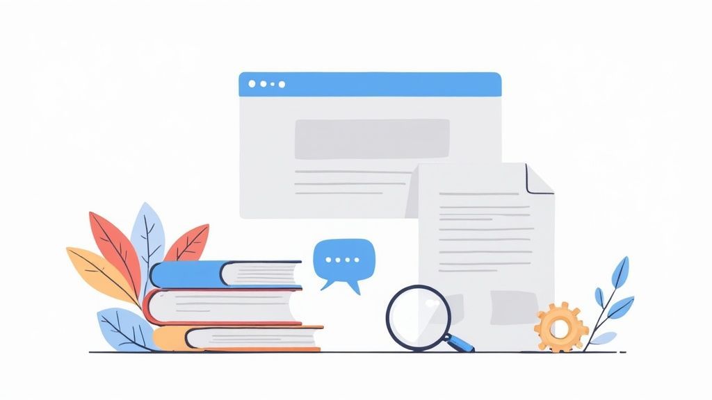 A visual representation of knowledge, research, and data processing with books, documents, and digital elements.