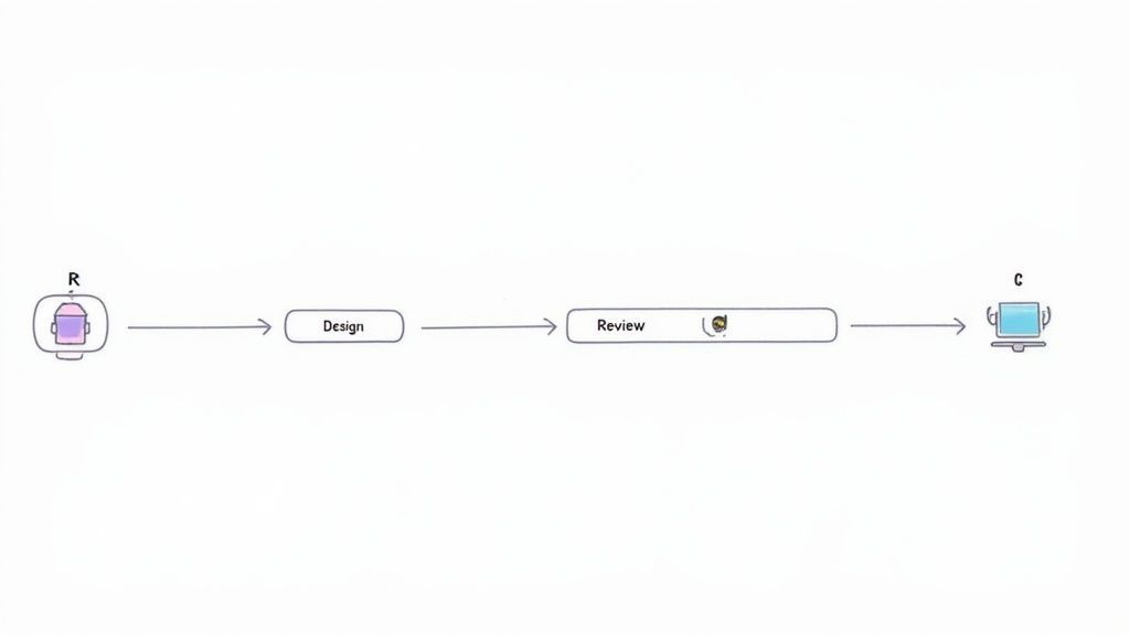 A simple process flow diagram illustrating stages R, Design, Review, and C in a sequential workflow.