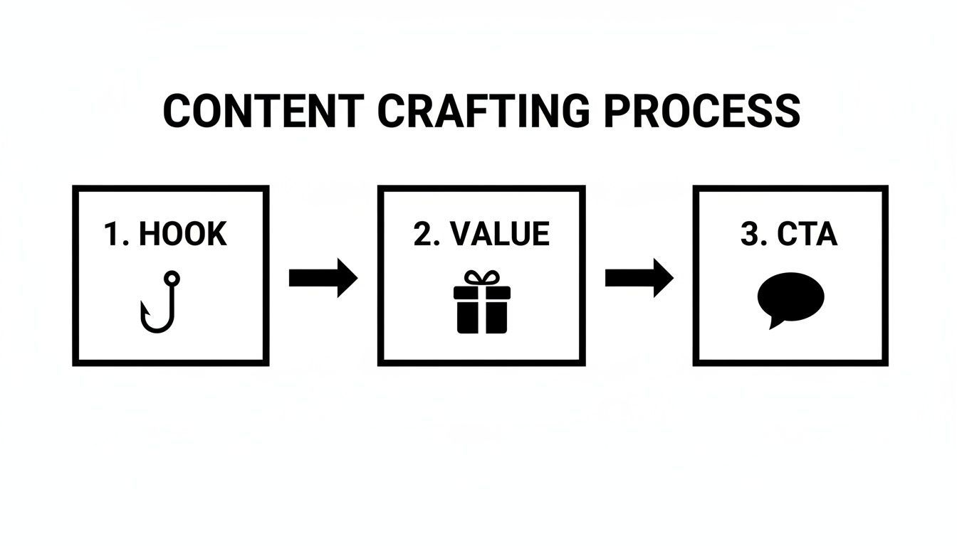 Infographie d'un processus de création de contenu en trois étapes montrant l'accroche, la valeur et l'appel à l'action (CTA).
