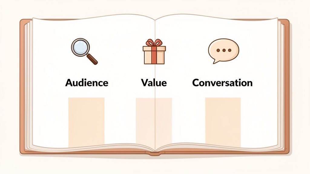 Un livre ouvert affichant trois concepts : Public, Valeur et Conversation, illustrés d'icônes.