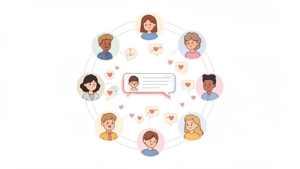 Diverses personnes connectées dans un cercle de réseau social avec des bulles de discussion et des cœurs, symbolisant l'engagement.