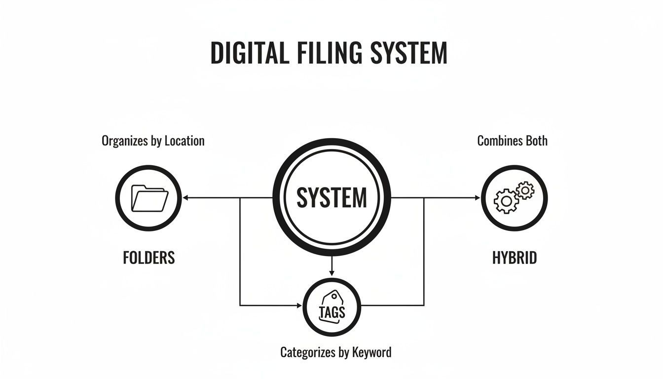 Diagrama que muestra un sistema de archivo digital con carpetas para ubicación, etiquetas para palabras clave y un híbrido que combina ambos.