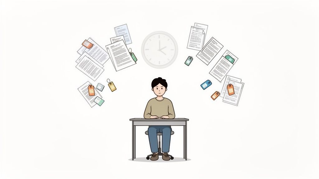 Una ilustración de una persona abrumada por papeles de investigación flotantes, notas y un reloj, simbolizando la sobrecarga de información.