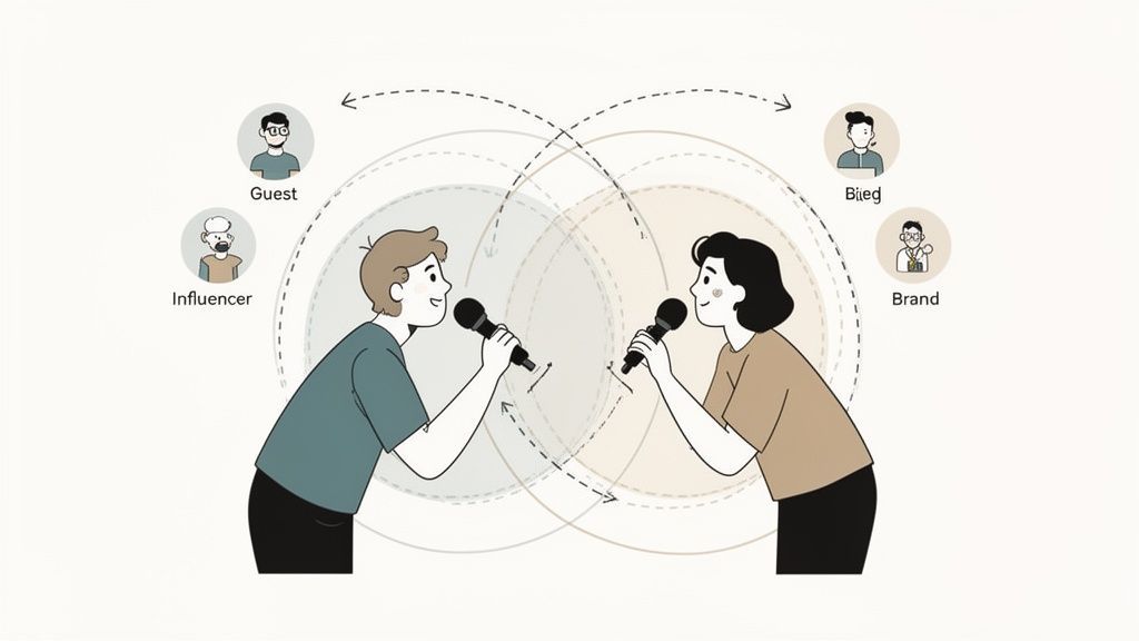 Illustration of two people podcasting into microphones, with orbiting avatars labeled Guest, Influencer, Billeg, and Brand.