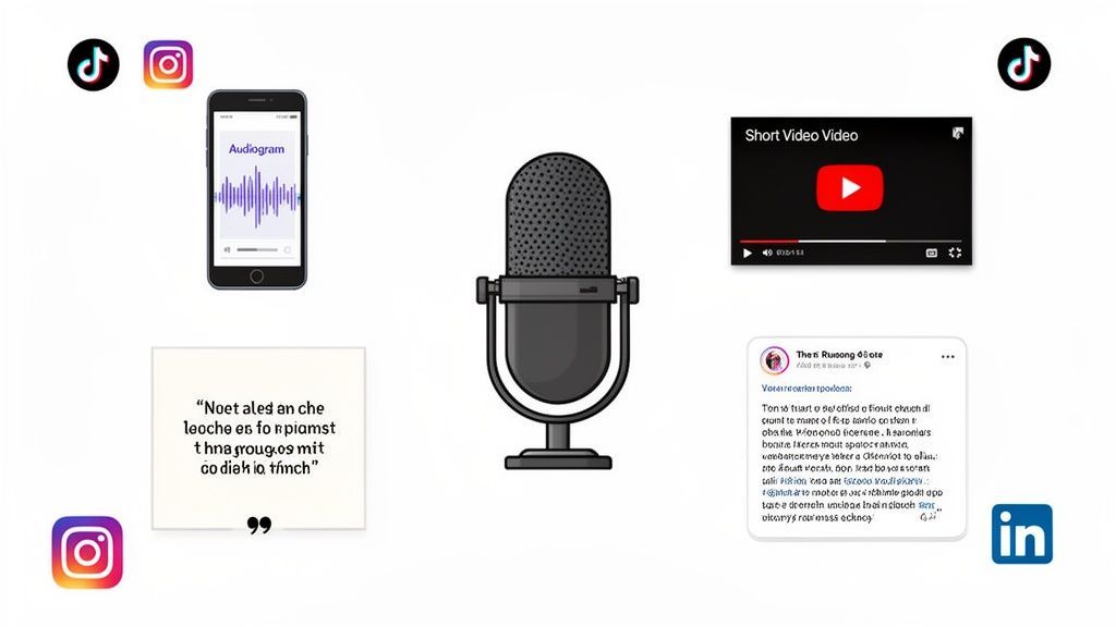 A podcast microphone, smartphone audiogram, short video, and social media icons for promotion.