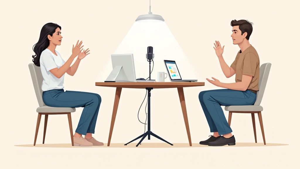 Two people, a man and a woman, podcasting or interviewing at a table with a microphone and computers.