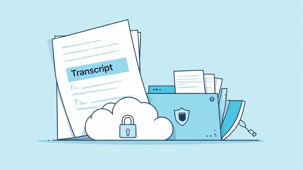 Illustration showing a stack of transcripts, a cloud with a padlock, and a secure file folder with a shield icon.