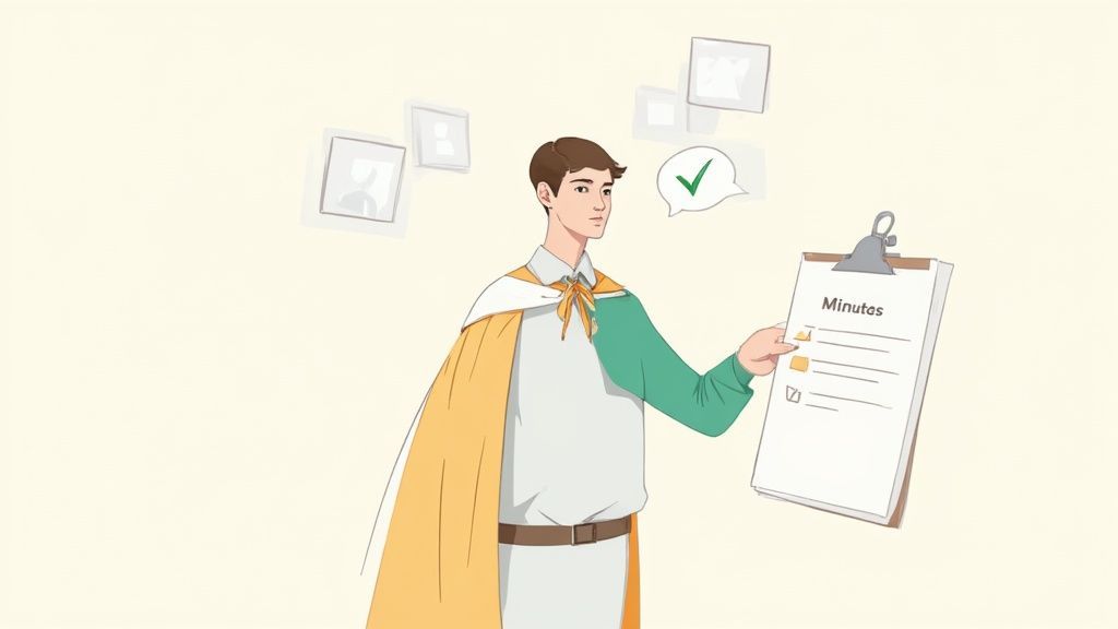 An illustrated man in a cape holds a clipboard labeled 'Minutes' with checked tasks, symbolizing meeting efficiency.