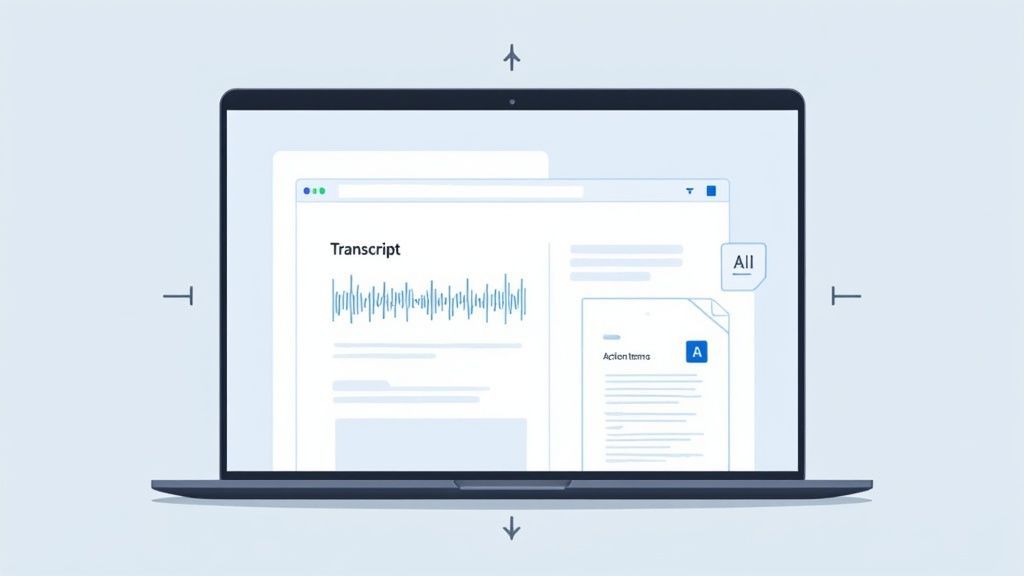 A laptop displays a meeting transcript with an audio waveform and a section for action items.