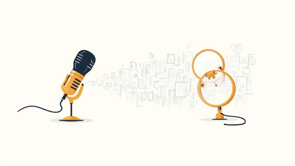 Vintage microphone and headphones connected by cables representing podcast recording and transcription equipment