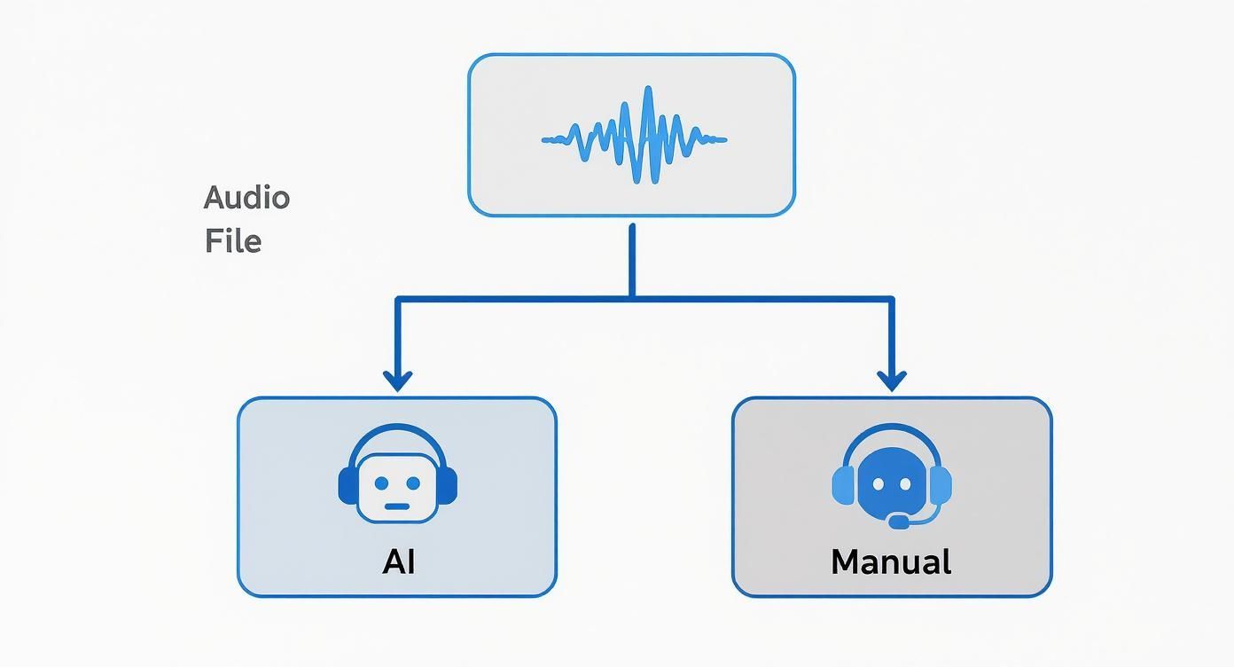 Flowchart showing audio file transcription split into AI automated and manual transcription options