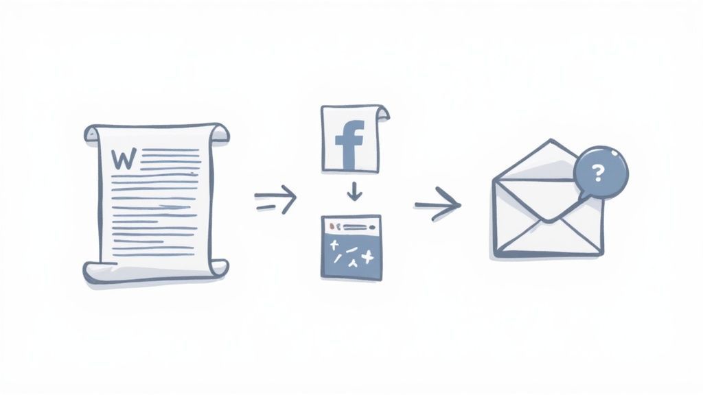 Workflow diagram showing document transcription process from word file through social media and calculator to email delivery