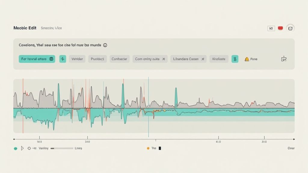 A screenshot of a 'Mecbic Edit' interface displaying an audio waveform, time markers, and editing options.