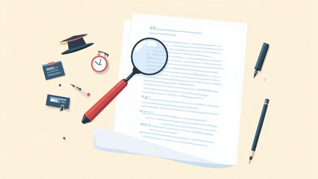 Flat lay of academic tools: magnifying glass over document, graduation cap, stopwatch, pen, and pencil.