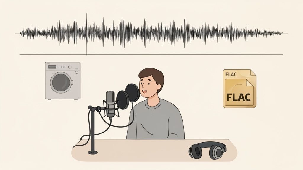 Un homme enregistre de l'audio dans un microphone, avec une onde sonore, une machine à laver, une icône de fichier FLAC et des écouteurs.