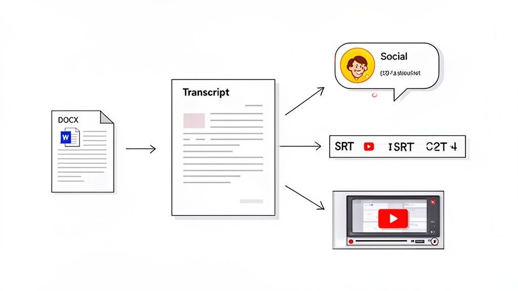 Organigramme montrant la conversion d'un fichier DOCX en transcription, puis en réseaux sociaux, sous-titres SRT et vidéo YouTube.