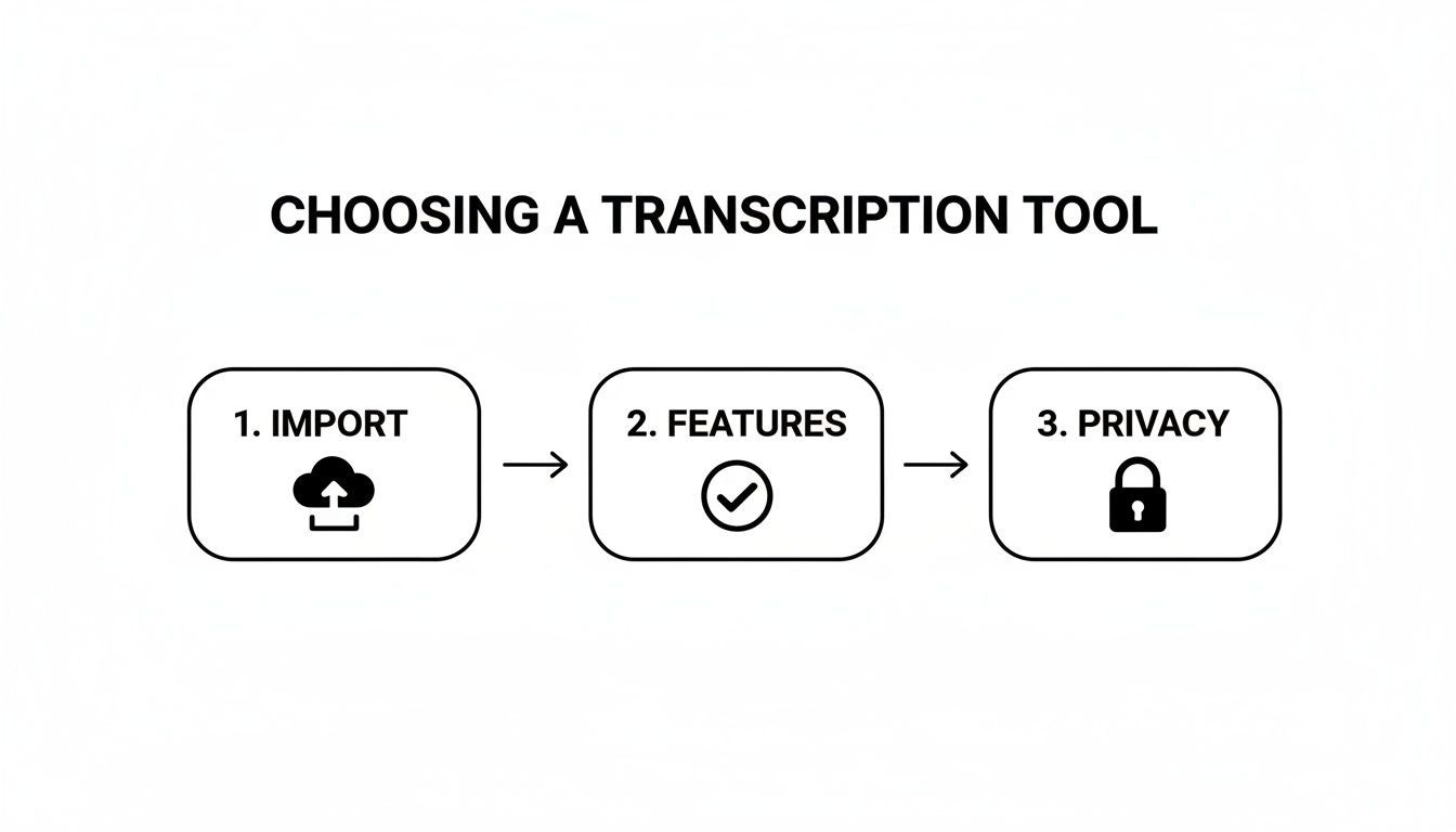 Organigramme illustrant les étapes clés pour choisir un outil de transcription : import, fonctionnalités et considérations de confidentialité.