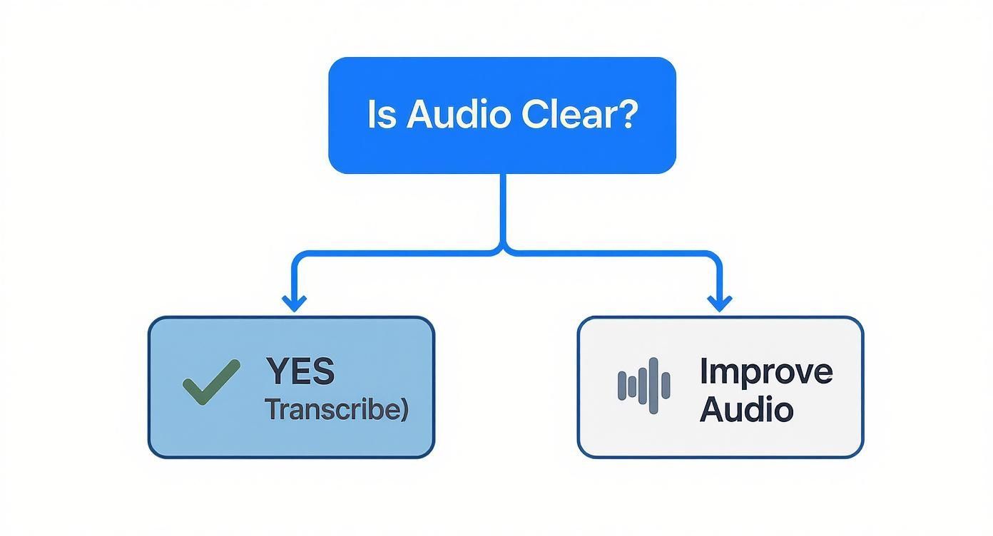 A flowchart decision tree titled 'Is Audio Clear?', with branches for 'YES (Transcribe)' and 'Improve Audio'.
