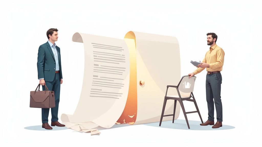 Two businessmen, one with a briefcase, one with a clipboard, view a glowing document-doorway.