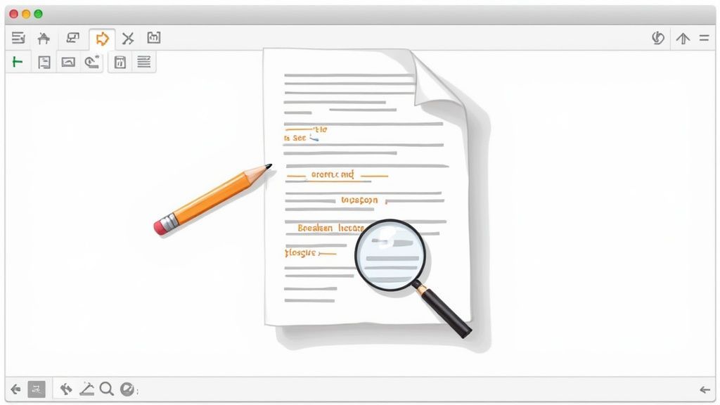 A web browser displays a document with text, a pencil, and a magnifying glass for review.